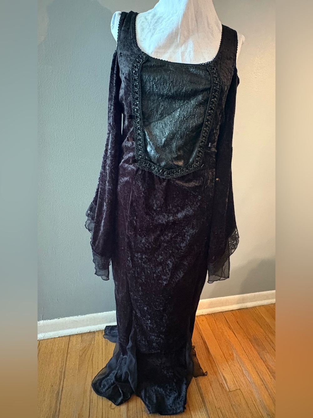Vintage Y2K 90s Lip Service Black Velvet Lace and Sheer Bell Sleeve Maxi Dress